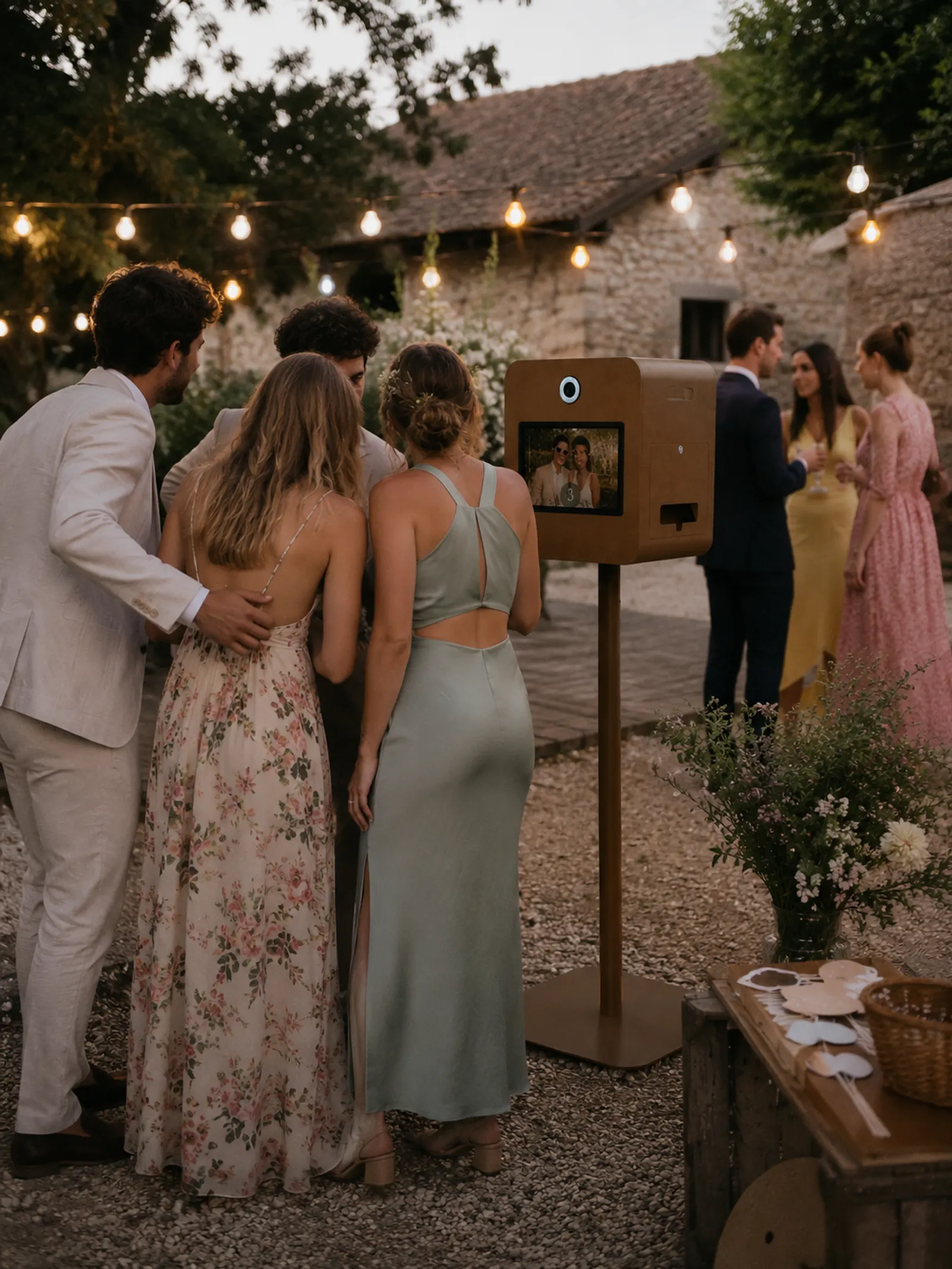 Photobooth Boite Noire lors d'un mariage champêtre, invités devant l'écran sous les guirlandes